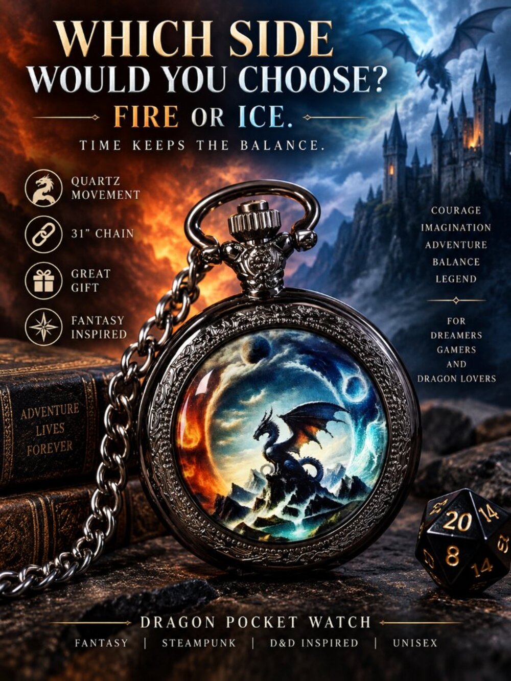 Dragon Pocket Watch Fire Ice Gunmetal Quartz 31" Chain Mens Gothic Fantasy DND